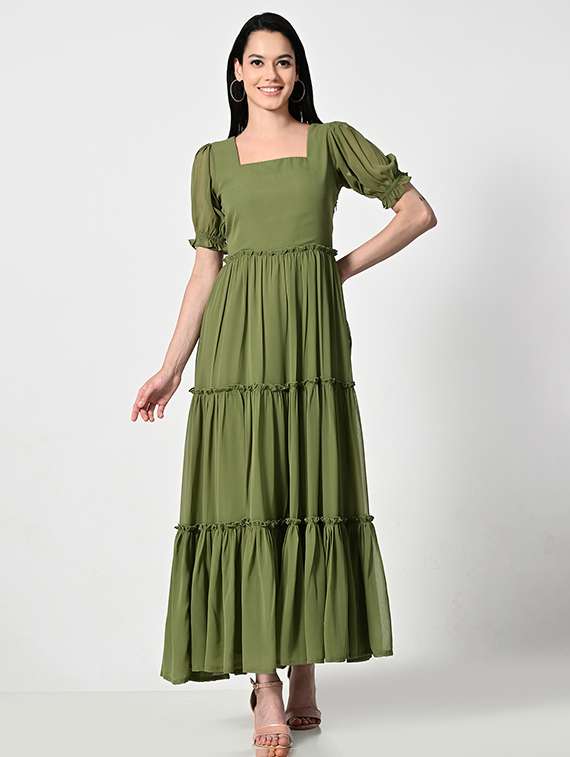 women olive solid puff sleeve tiered dress - 21681187 -  Zoom Image - 0