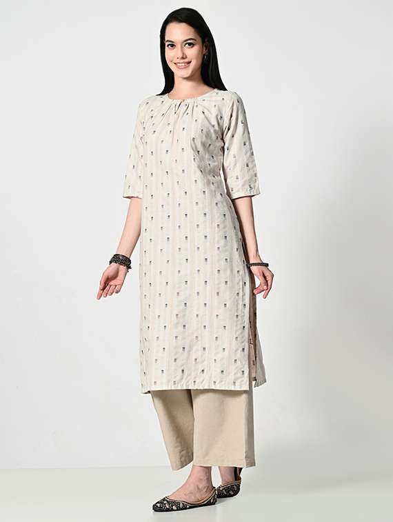 women cream three quarter sleeve straight kurta - 21681366 -  Standard Image - 1