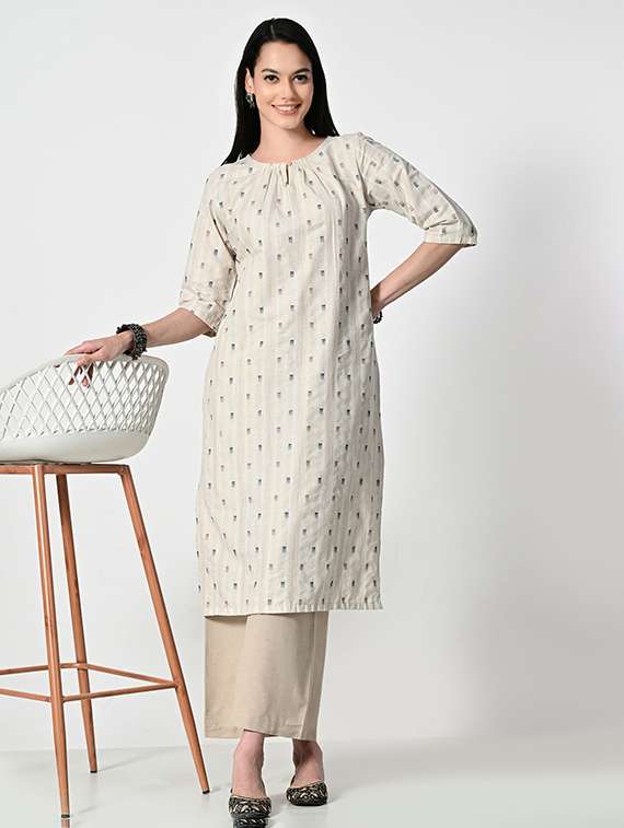 women cream three quarter sleeve straight kurta - 21681366 -  Standard Image - 4