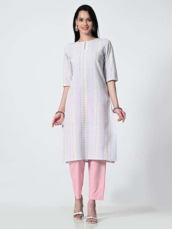 women self design three quarter sleeve straight kurta - 21681368 - Standard Image - 1