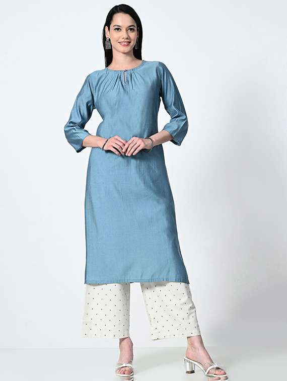 women solid three quarter sleeve straight kurta - 21681369 -  Standard Image - 1