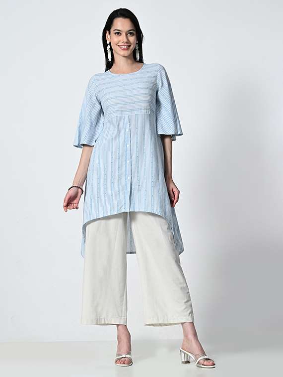 womne light blue striped asymmetric kurta - 21681370 -  Standard Image - 1