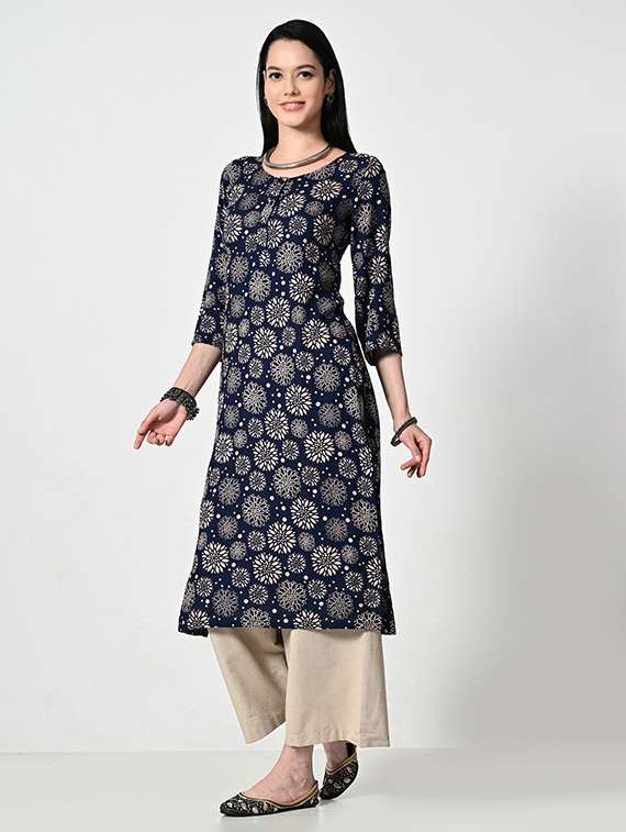 women navy blue three quarter sleeve straight kurta - 21681373 -  Standard Image - 1