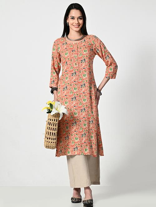 women printed three quarter sleeve a-line kurta - 21681374 -  Standard Image - 0