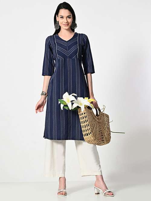 women striped elbow sleeve a-line kurta - 21681376 - Standard Image - 0