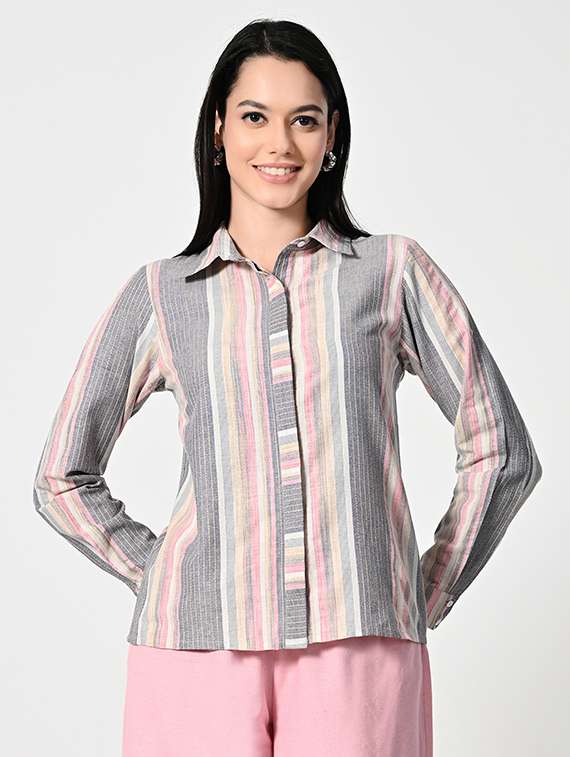 women striped collared regular shirt
