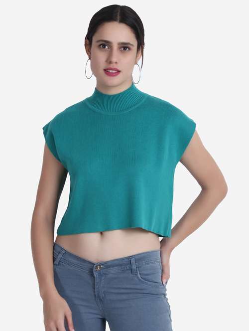 women turquoise solid crop top - 21681881 - Standard Image - 0
