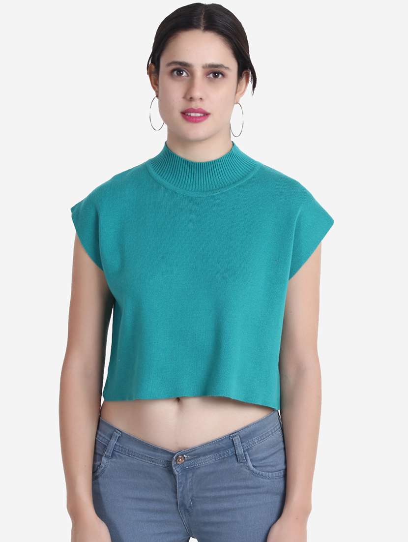 women turquoise solid crop top - 21681881 - Standard Image - 1