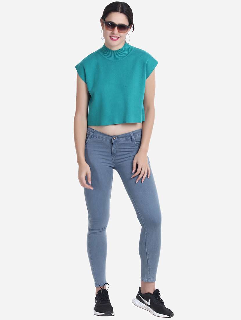 women turquoise solid crop top - 21681881 - Standard Image - 4