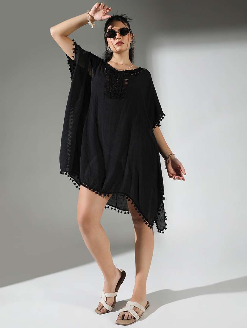 women black solid round neck kaftan dress