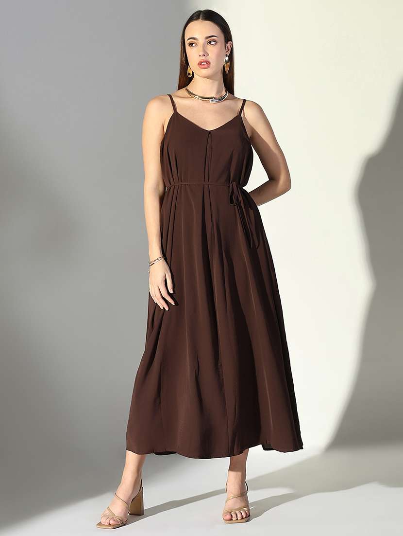 women solid shoulder strap neck fit & flare dress