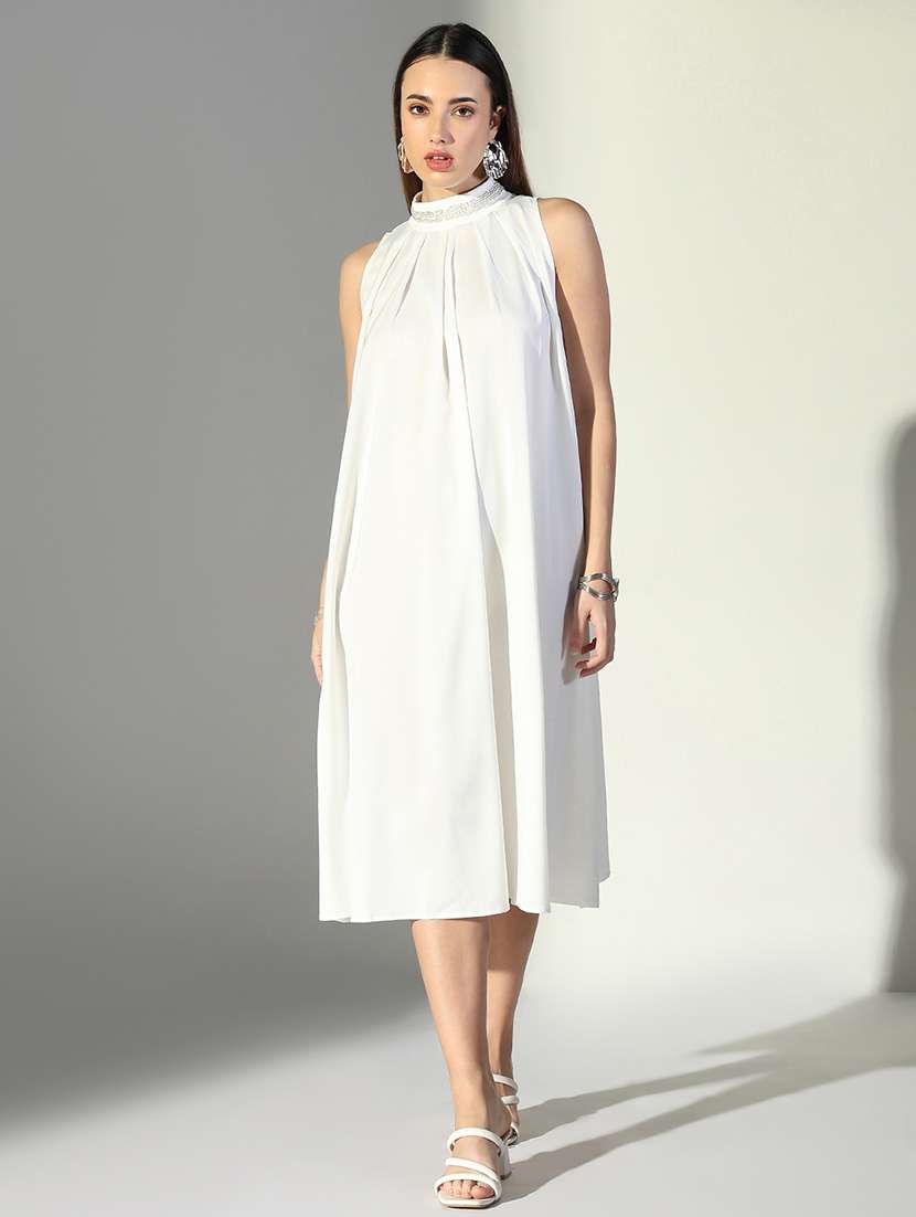 women white solid sleeveless a-line dress