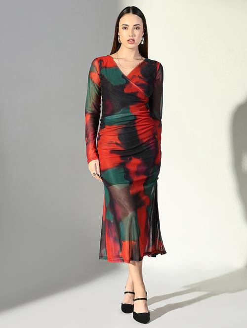women abstract printed v neck bodycon dress - 21682062 - Standard Image - 0