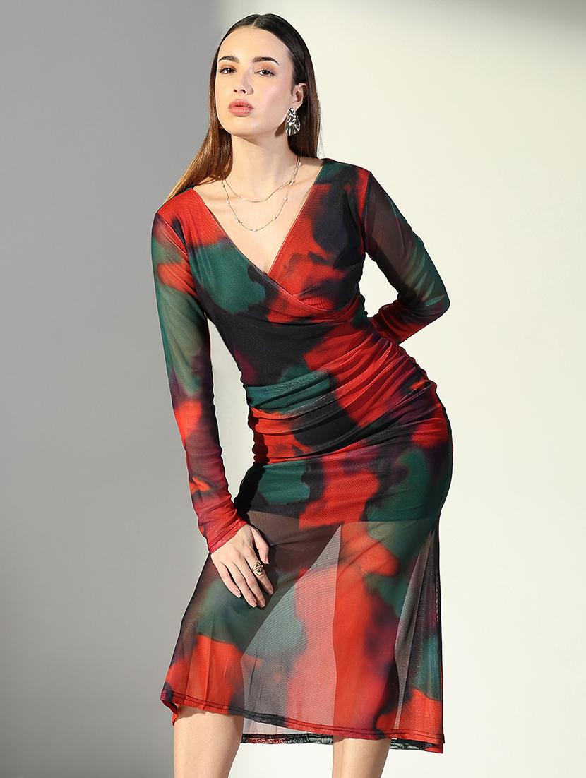 women abstract printed v neck bodycon dress - 21682062 -  Standard Image - 1