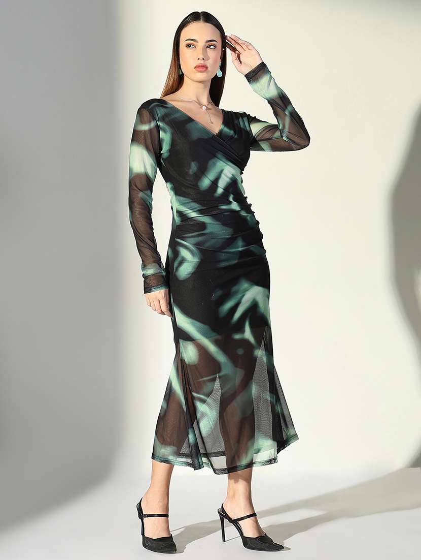 women abstract printed v neck bodycon dress - 21682063 -  Standard Image - 1