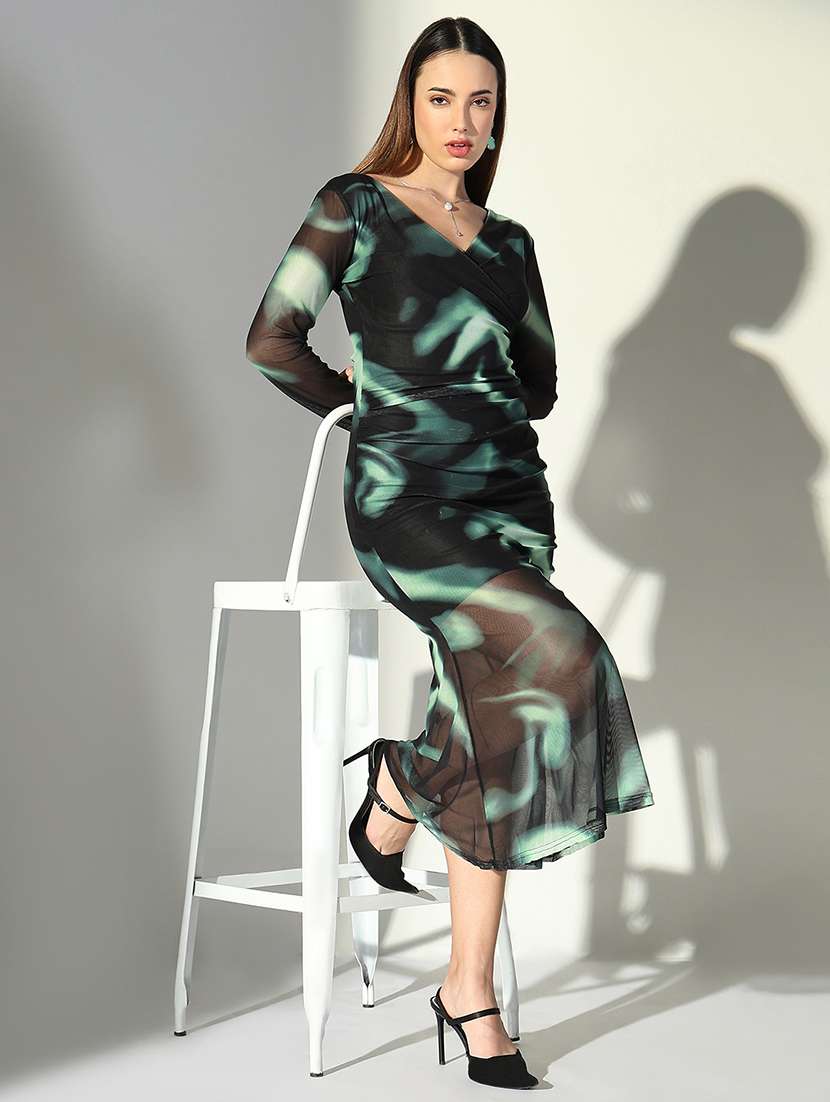 women abstract printed v neck bodycon dress - 21682063 -  Standard Image - 4