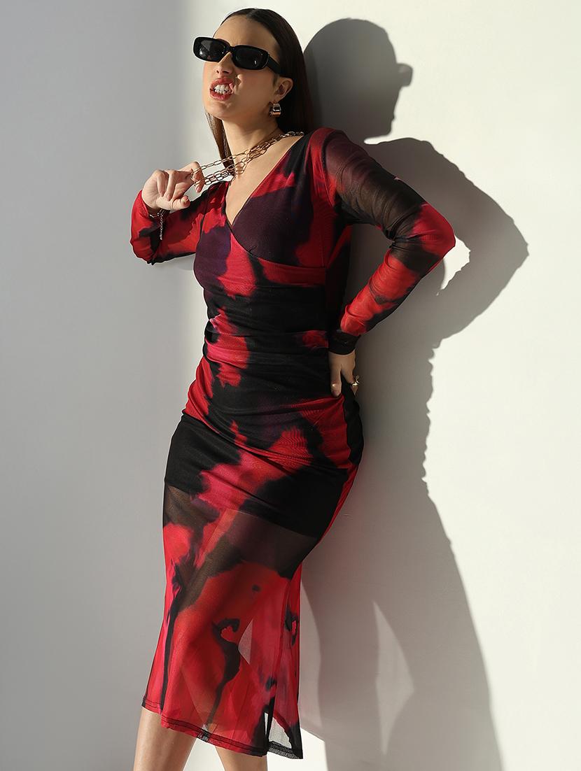 women abstract printed v neck bodycon dress - 21682064 - Standard Image - 1