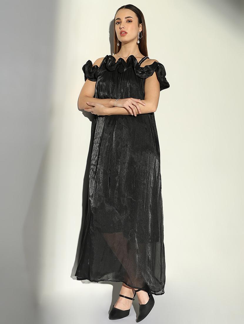 women solid shoulder strap neck a-line dress - 21682079 - Standard Image - 4