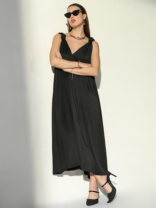 women black solid v neck a-line dress - 21682081 - Standard Image - 0