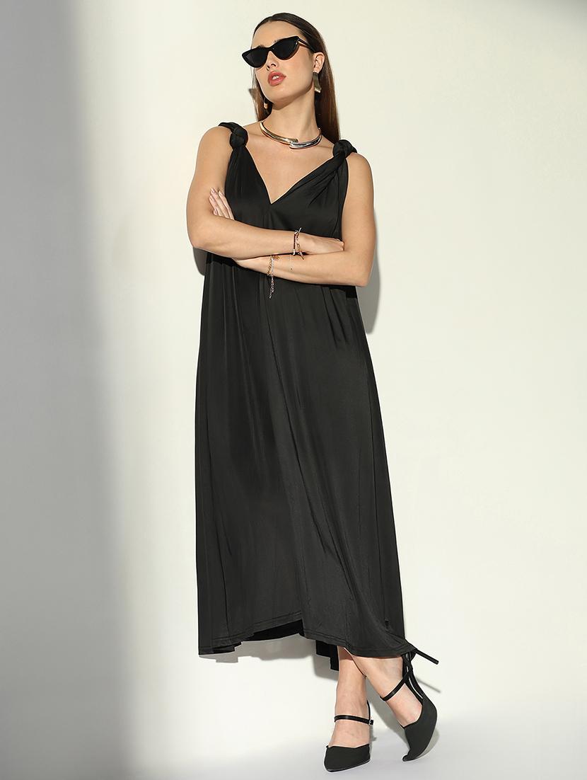 women black solid v neck a-line dress - 21682081 - Zoom Image - 0