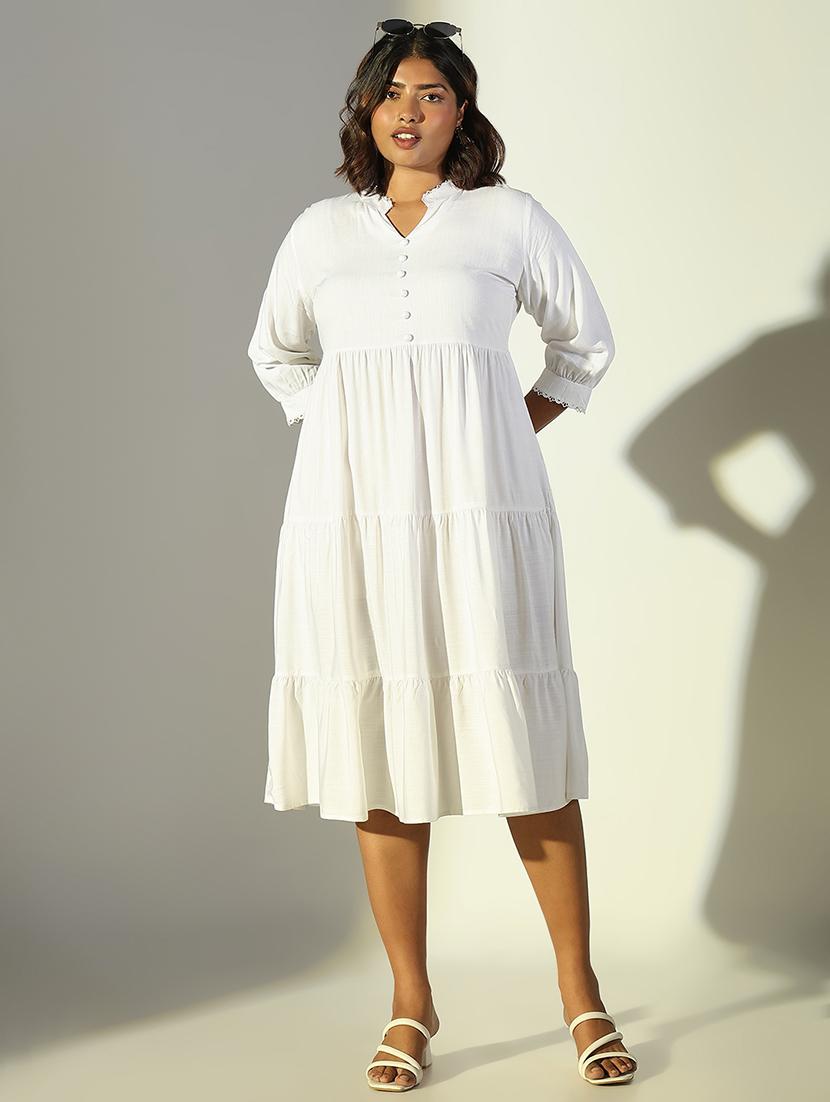 women solid mandarin neck tiered dress - 21682095 - Zoom Image - 0