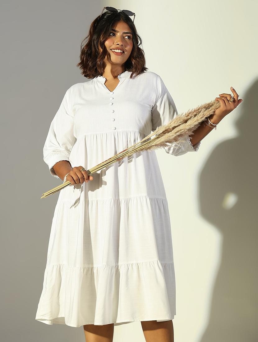 women solid mandarin neck tiered dress - 21682095 - Standard Image - 1