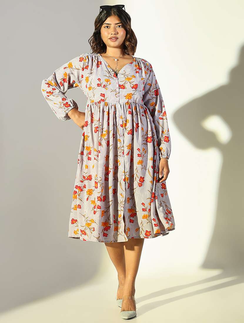 women grey floral fit & flare puff sleeve dress