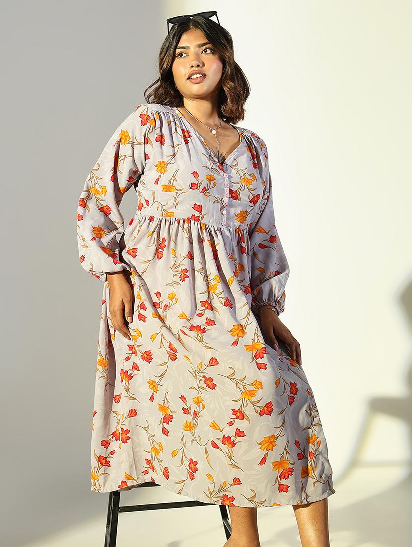 women grey floral fit & flare puff sleeve dress - 21682103 - Standard Image - 1