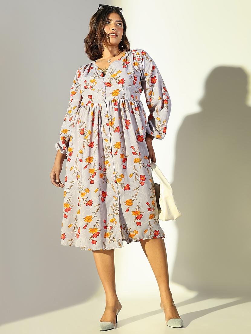 women grey floral fit & flare puff sleeve dress - 21682103 - Standard Image - 4