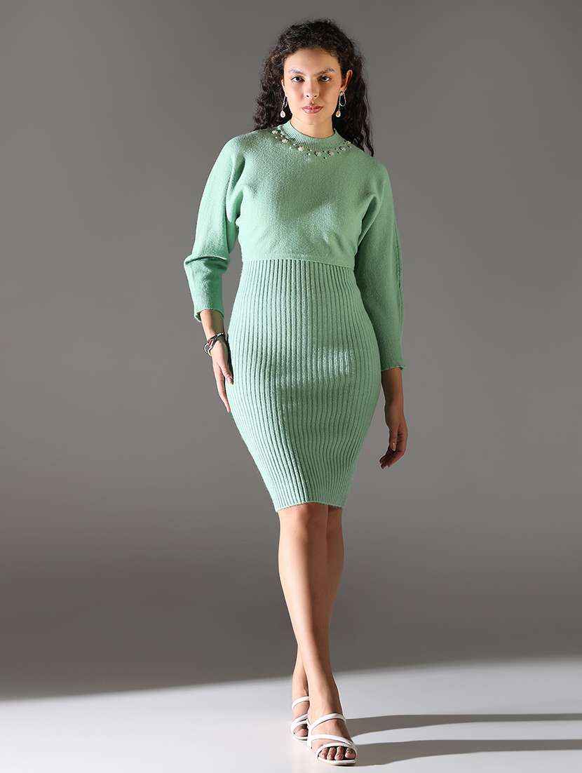 women solid winter wear bodycon dress with pullover