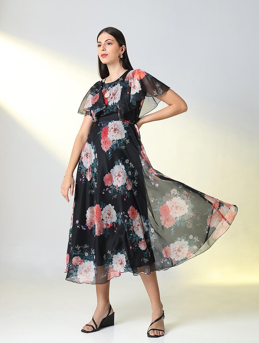 women black floral printed a-line dress - 21682119 -  Standard Image - 1