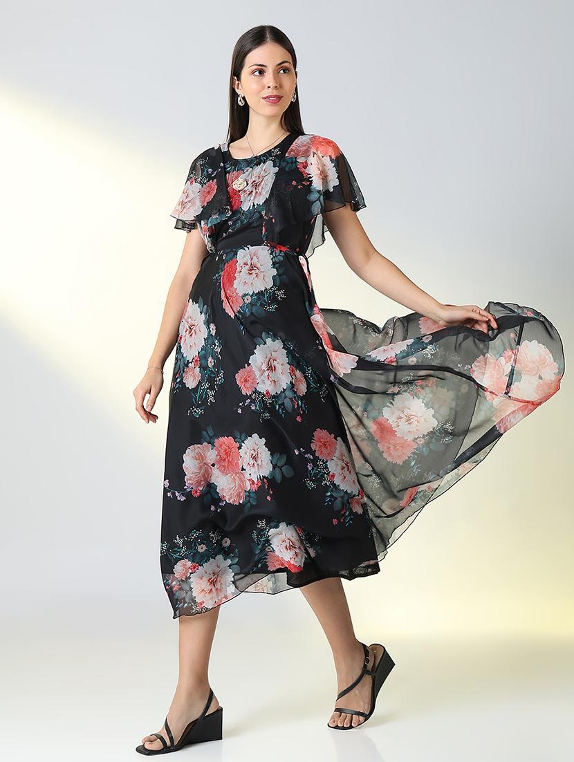 women black floral printed a-line dress - 21682119 - Standard Image - 4