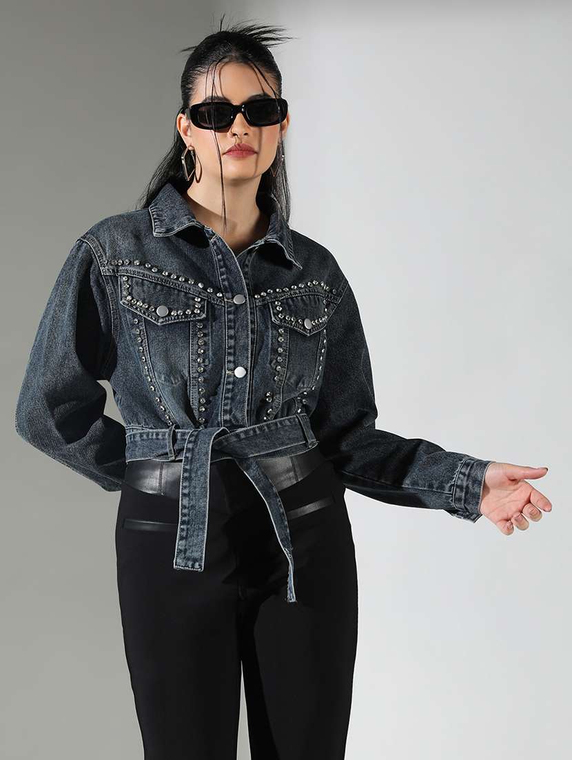 women embellished long sleeve denim jacket