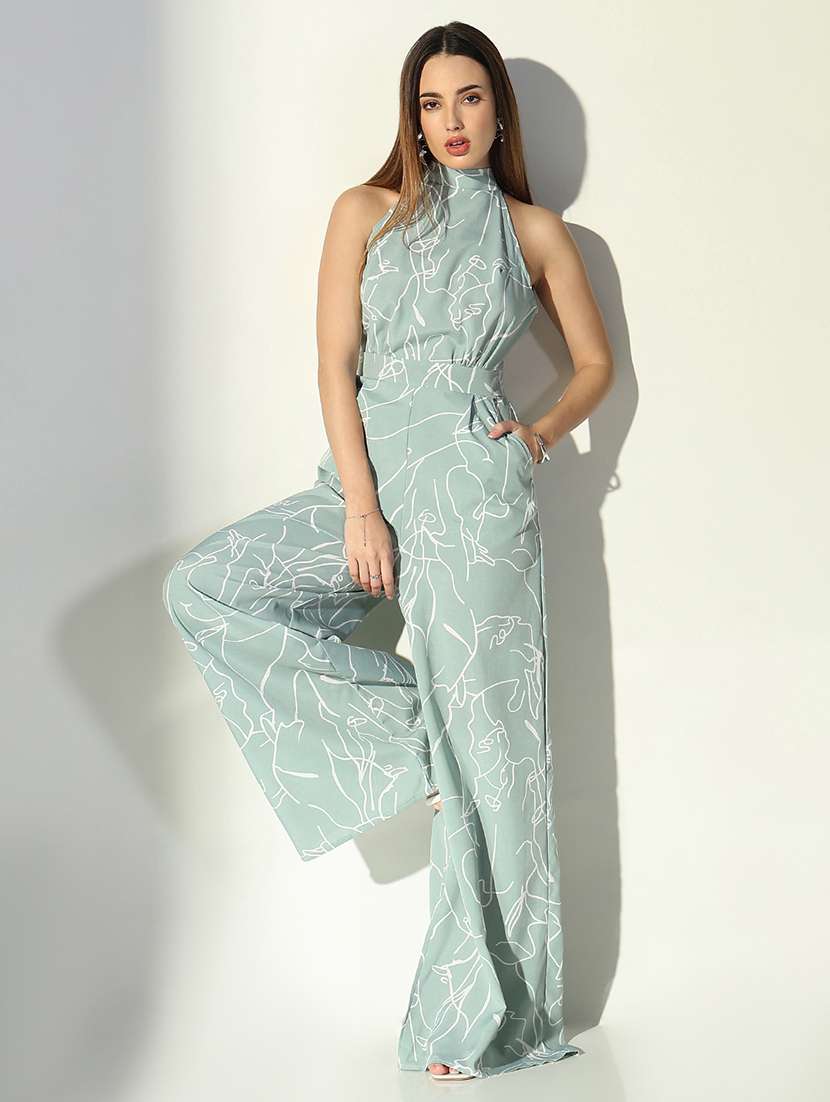 women sea green printed sleeveless full leg jumpsuit - 21682130 -  Standard Image - 1