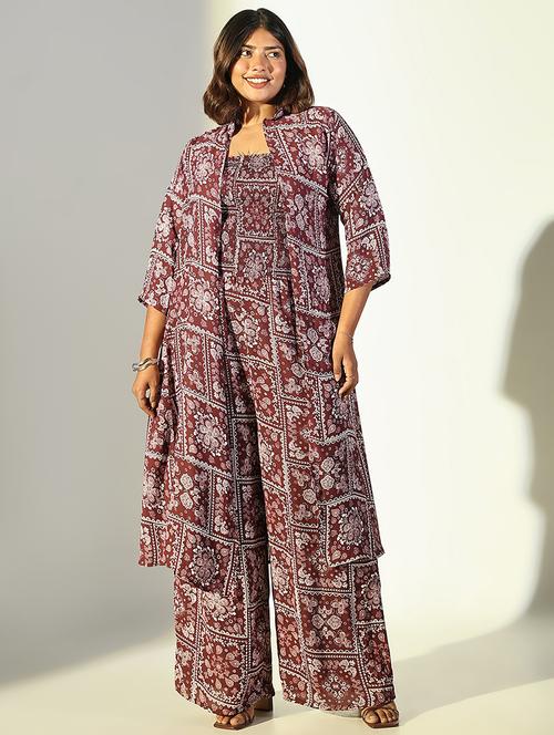 women burgundy printed full leg jumpsuit with shrug - 21682131 - Standard Image - 0