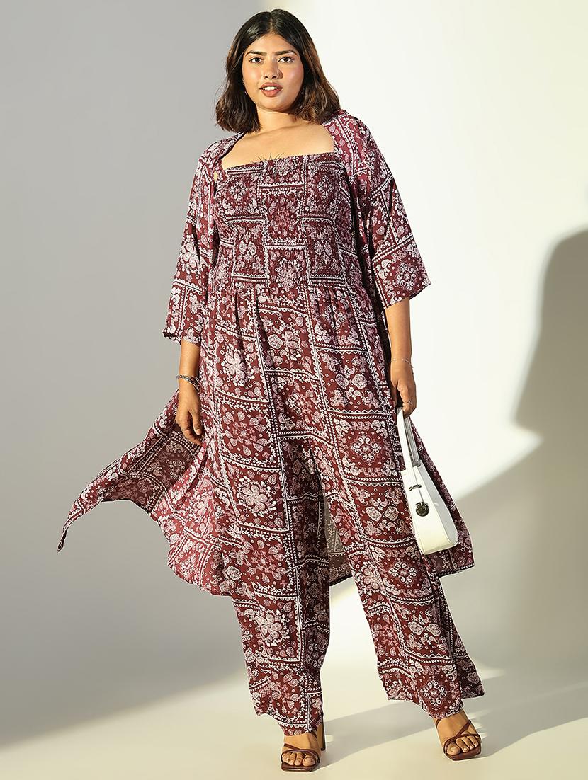 women burgundy printed full leg jumpsuit with shrug - 21682131 - Standard Image - 1