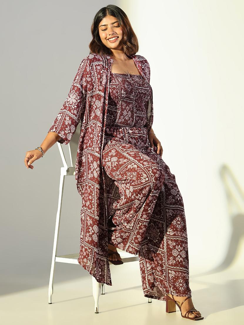 women burgundy printed full leg jumpsuit with shrug - 21682131 - Standard Image - 4