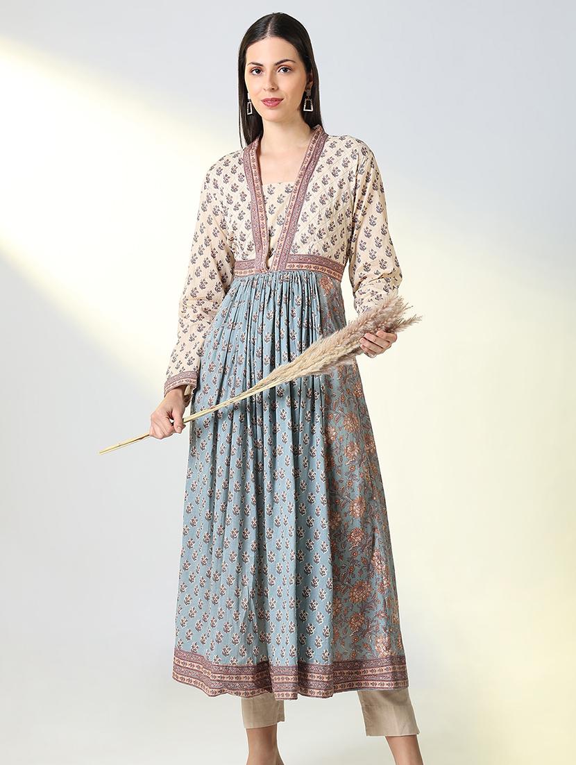 women light blue printed long sleeve flared kurta - 21682134 - Zoom Image - 0