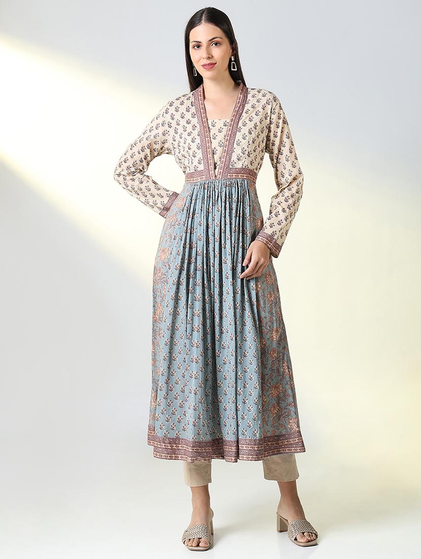 women light blue printed long sleeve flared kurta - 21682134 - Standard Image - 1