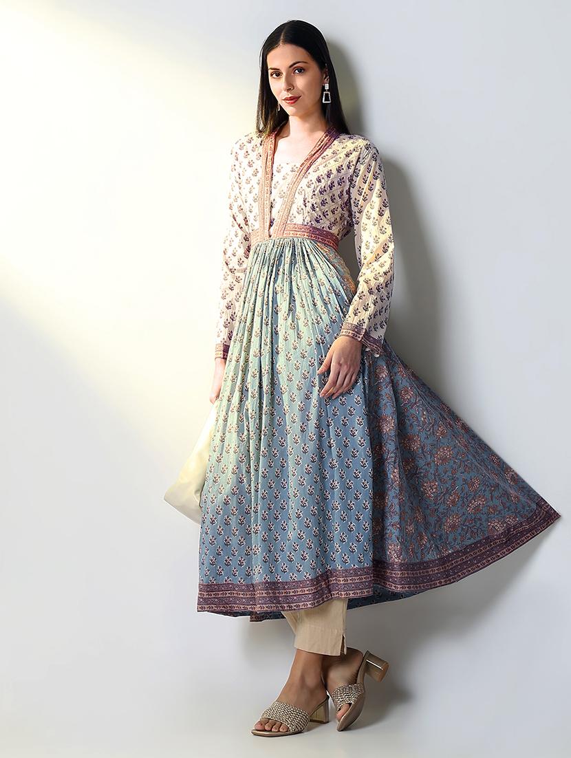 women light blue printed long sleeve flared kurta - 21682134 - Standard Image - 4