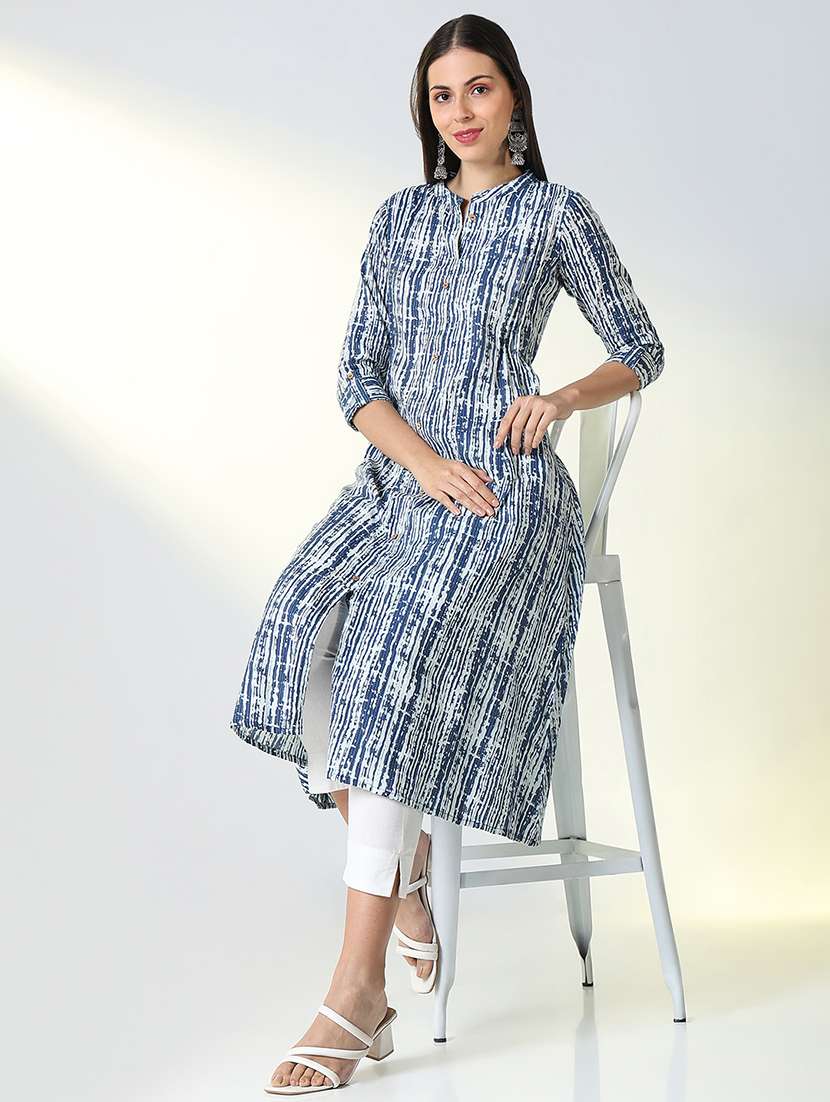 women blue printed mandarin neck a-line kurta - 21682135 -  Standard Image - 1