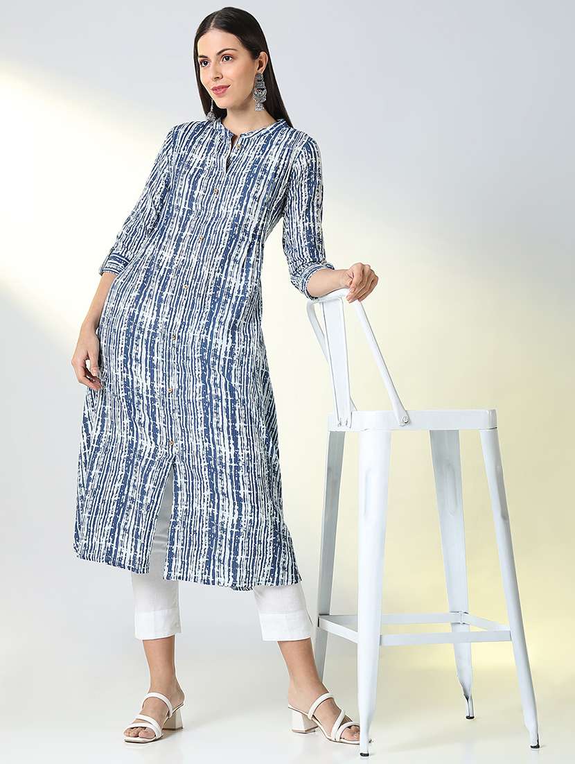 women blue printed mandarin neck a-line kurta - 21682135 -  Standard Image - 4