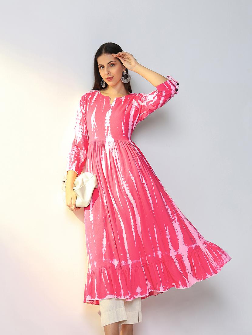 women pink tie & dye printed flared kurta - 21682136 -  Standard Image - 1