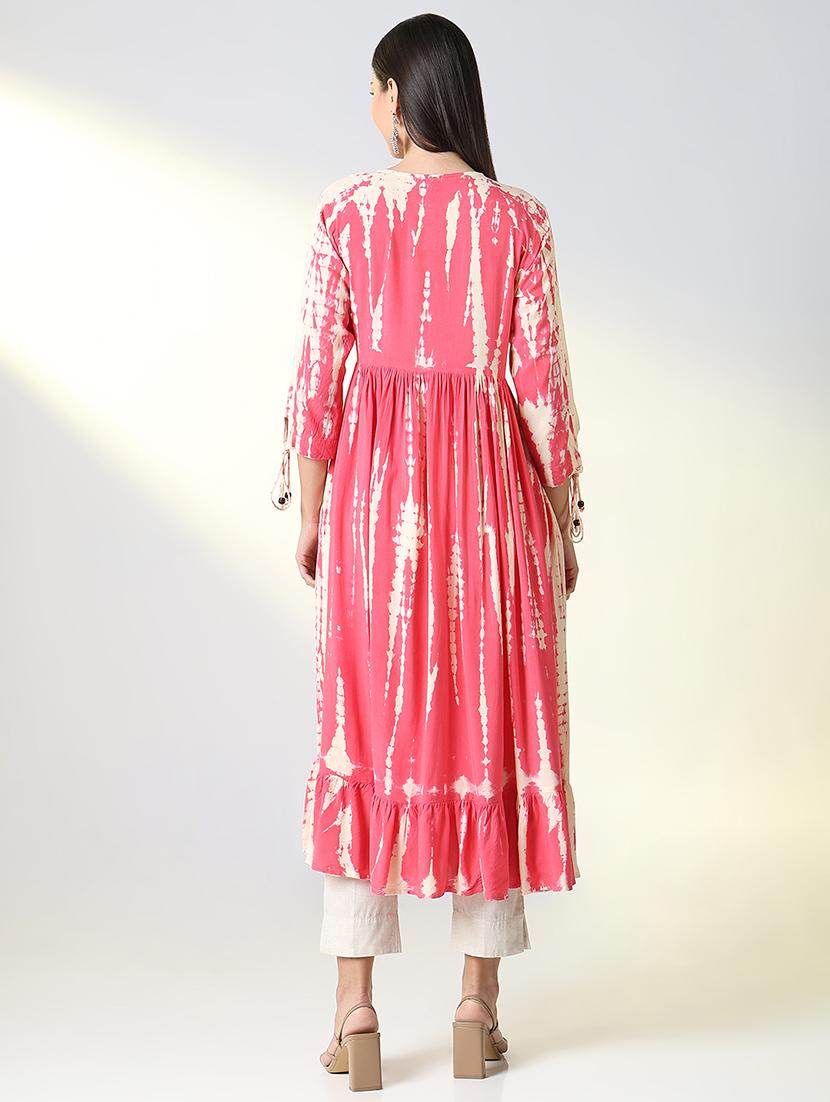 women pink tie & dye printed flared kurta - 21682136 - Standard Image - 4