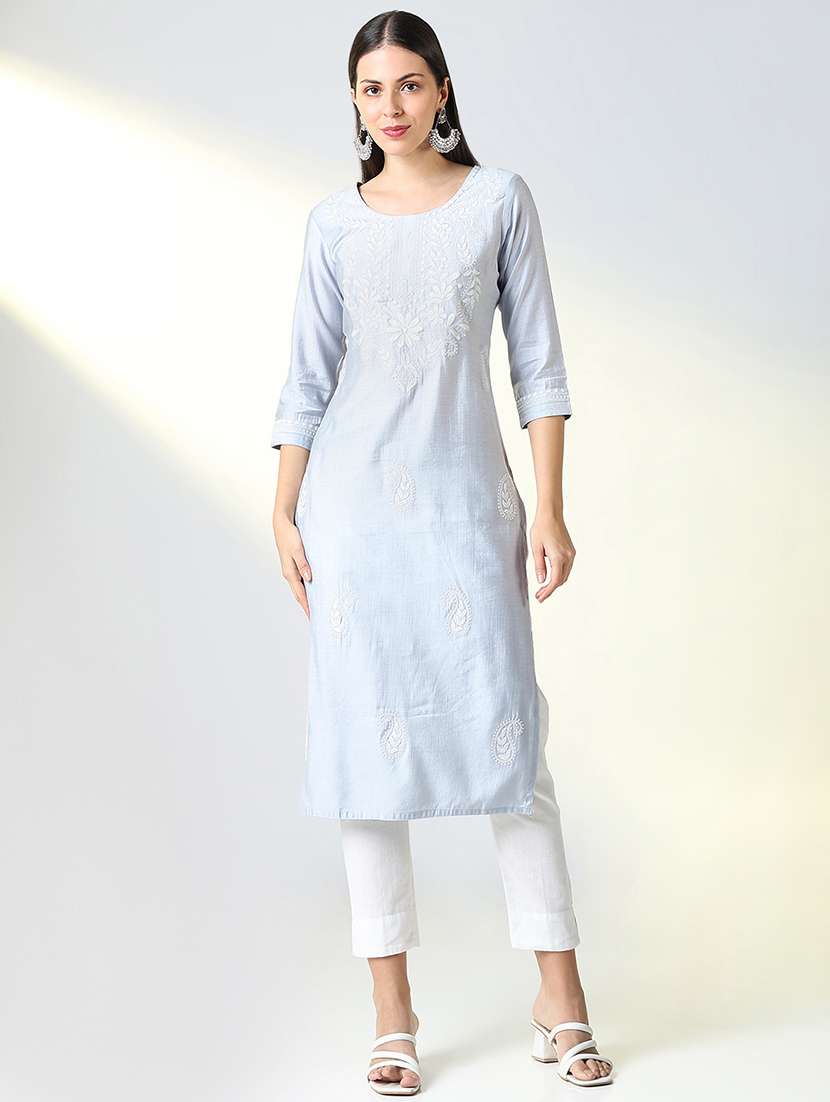 women embroidered three quarter sleeve straight kurta