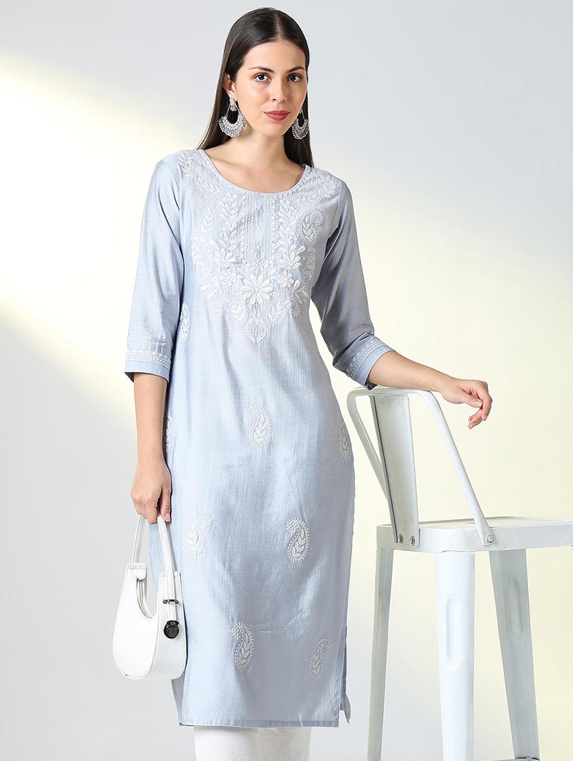 women embroidered three quarter sleeve straight kurta - 21682137 - Standard Image - 1