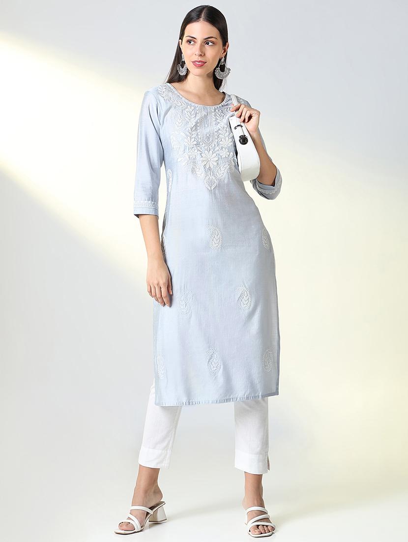 women embroidered three quarter sleeve straight kurta - 21682137 - Standard Image - 4