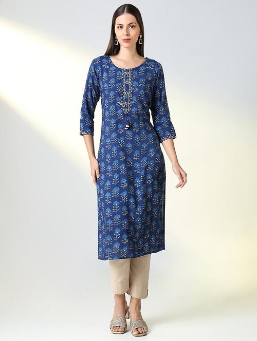 women blue floral round neck straight kurta - 21682138 - Standard Image - 0