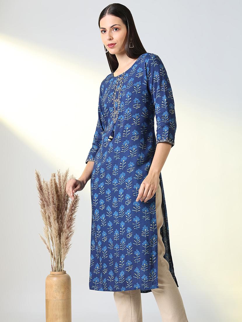 women blue floral round neck straight kurta - 21682138 -  Standard Image - 1