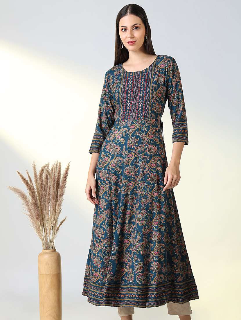 women teal paisley printed round neck 